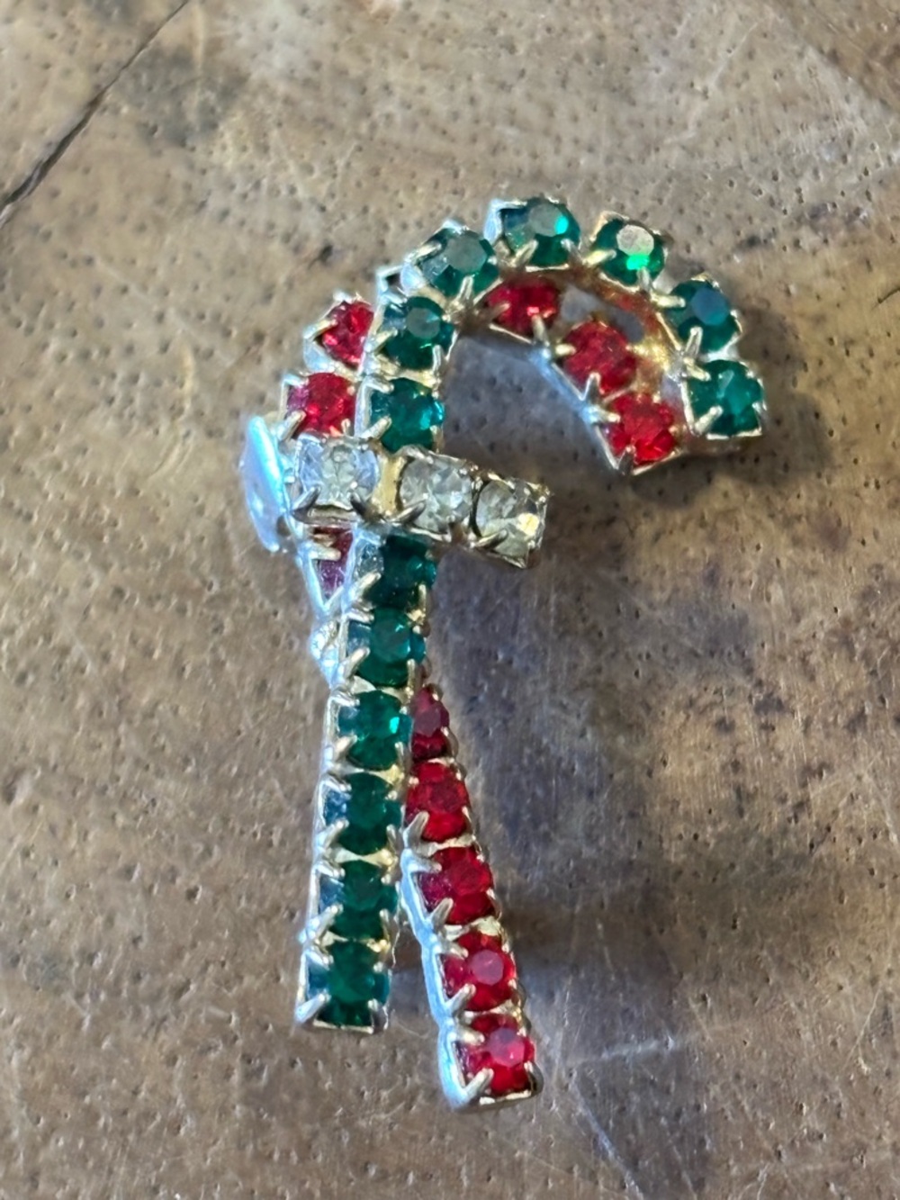 Rhinestone Candy Cane Christmas Brooch Silver Tone Red Green